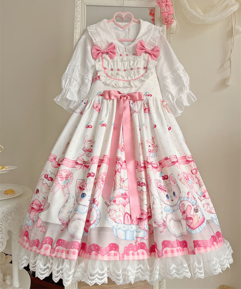 Cute Cos Lolita Dresses for Women Vintage Dress Cotton with Bunny Short Sleeves Off Shoulder
